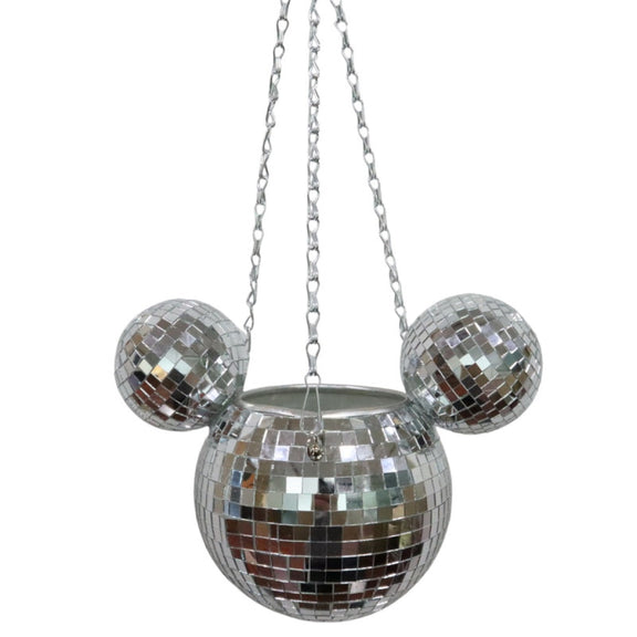 Pot de fleur suspendu Disney Mickey style boule à facettes à finition miroir argentée, deux tailles