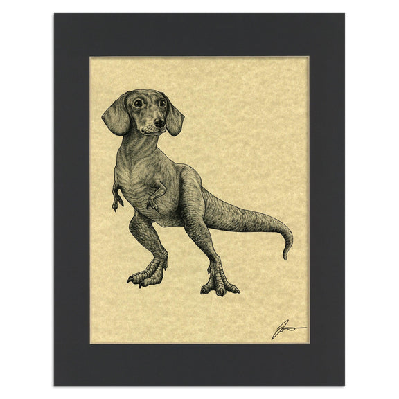 Illustration chimère Whatif Creations, corps de Tyrannosaure Rex et tête de teckel, art hybride