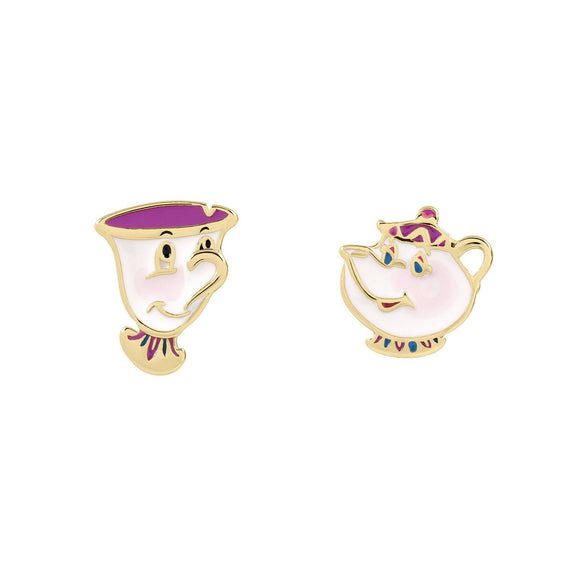 Boucles d'oreilles Disney Zip et Samovar en vermeil, tasse et théière de La Belle et la Bête