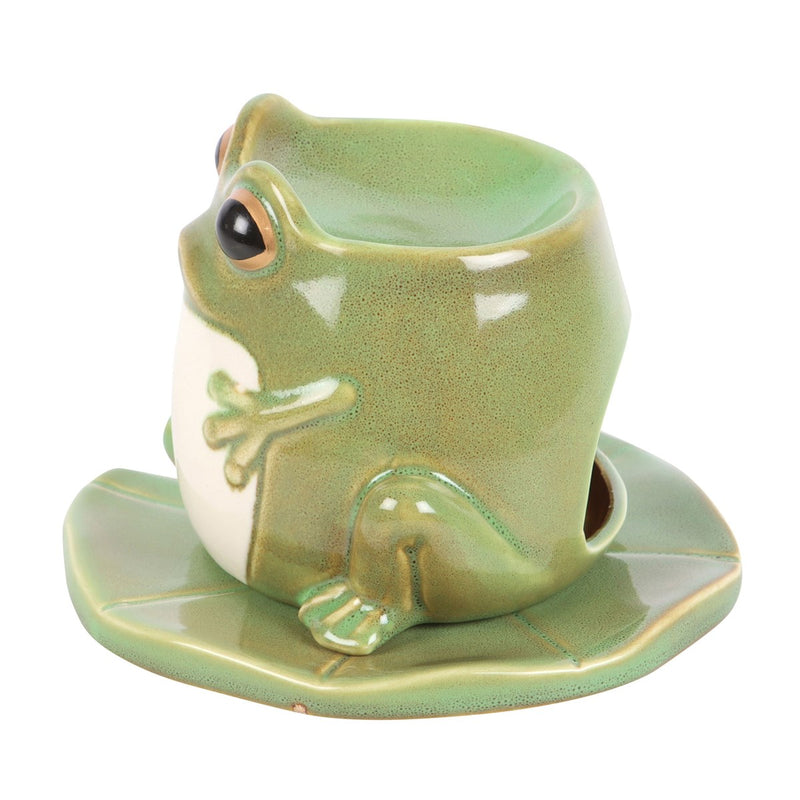 Brûle-parfum grenouille en céramique émaillée sur feuille de nénuphar