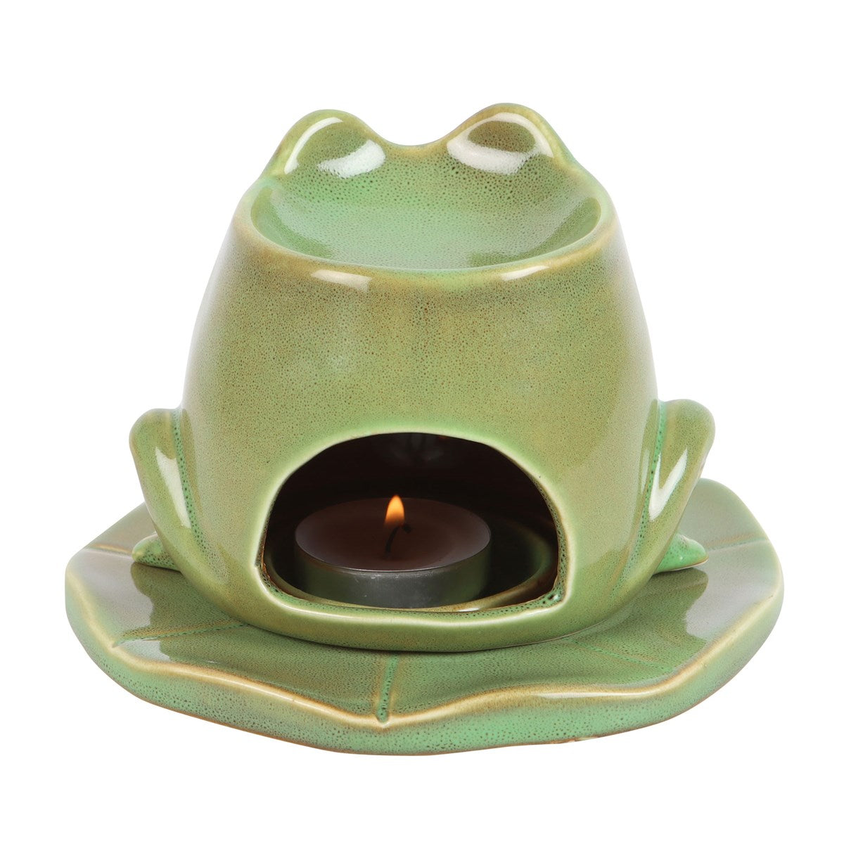 Brûle-parfum grenouille en céramique émaillée sur feuille de nénuphar