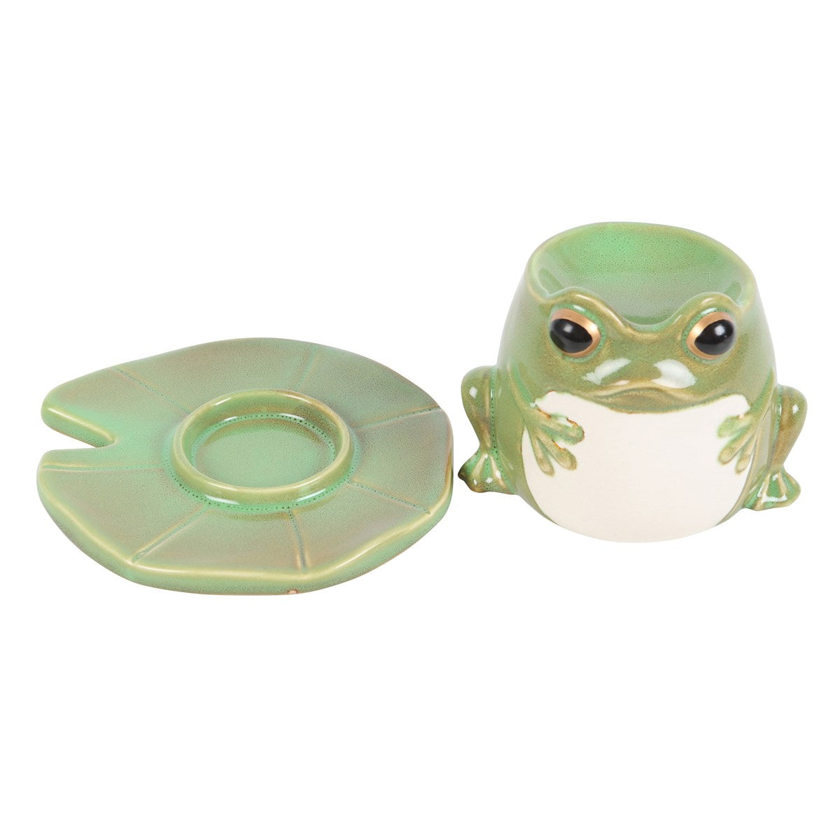 Brûle-parfum grenouille en céramique émaillée sur feuille de nénuphar