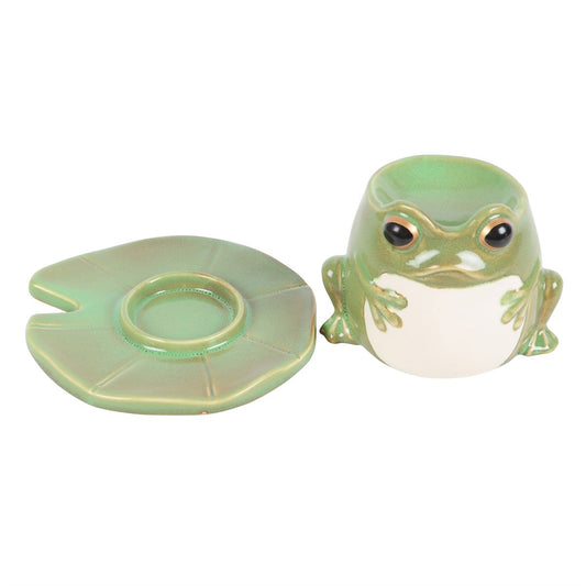 Brûle-parfum grenouille en céramique émaillée sur feuille de nénuphar