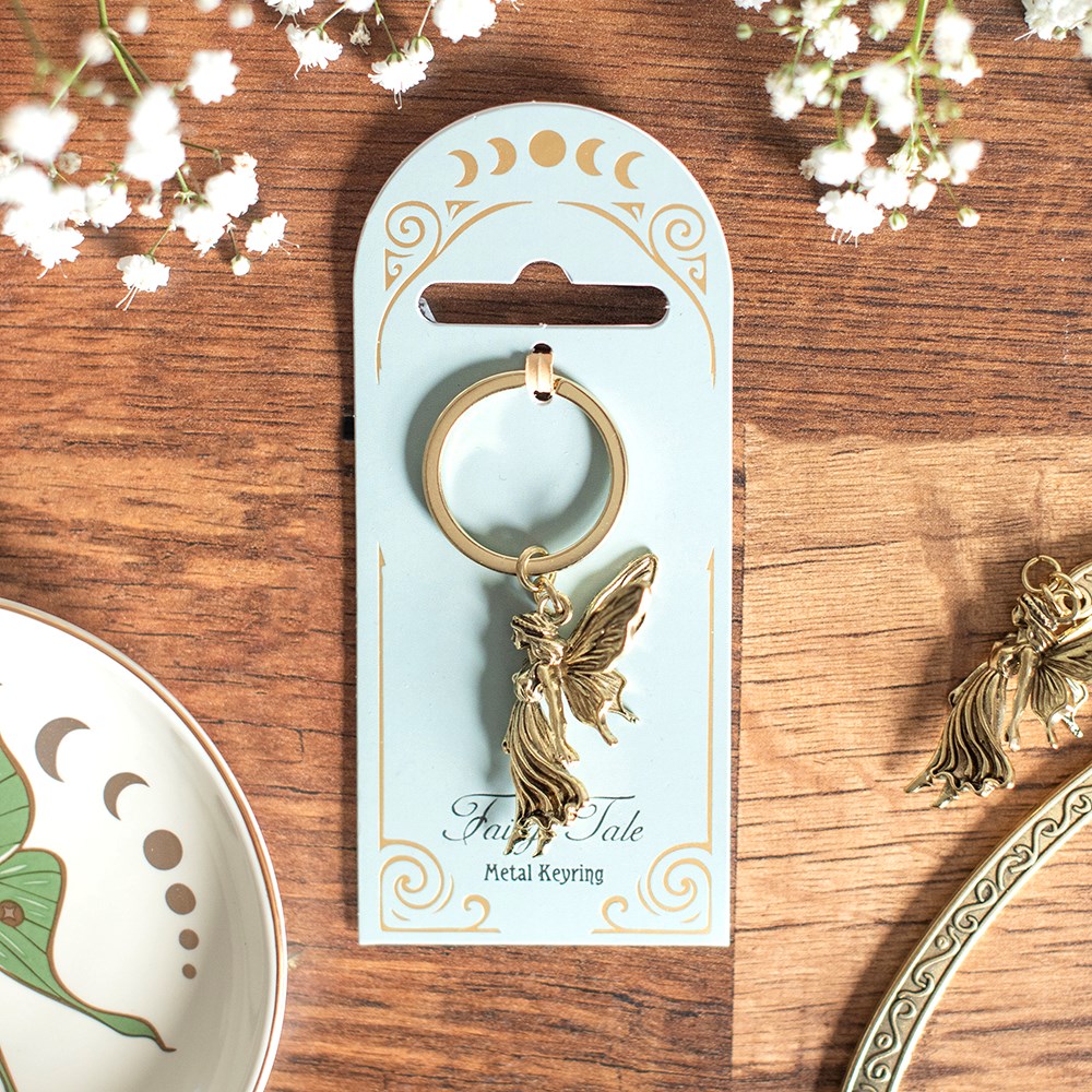 Porte-clés fée ailée Stardust Fairy en métal doré antique, style fairycore