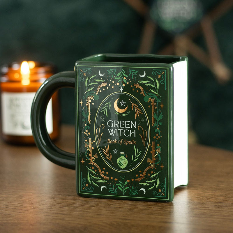 Mug en céramique en forme de livre grimoire Green Witch Book of Spells, vert mystique illustré