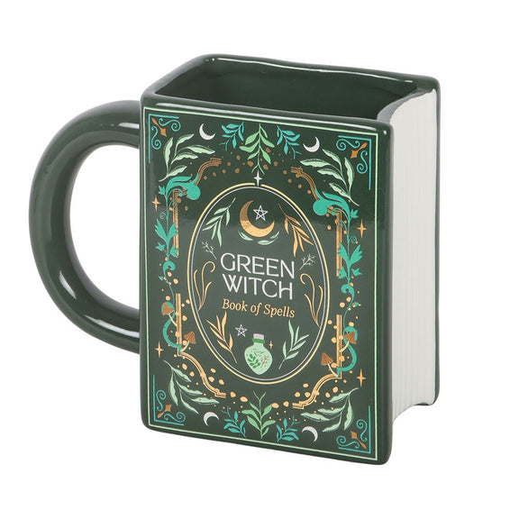 Mug en céramique en forme de livre grimoire Green Witch Book of Spells, vert mystique illustré