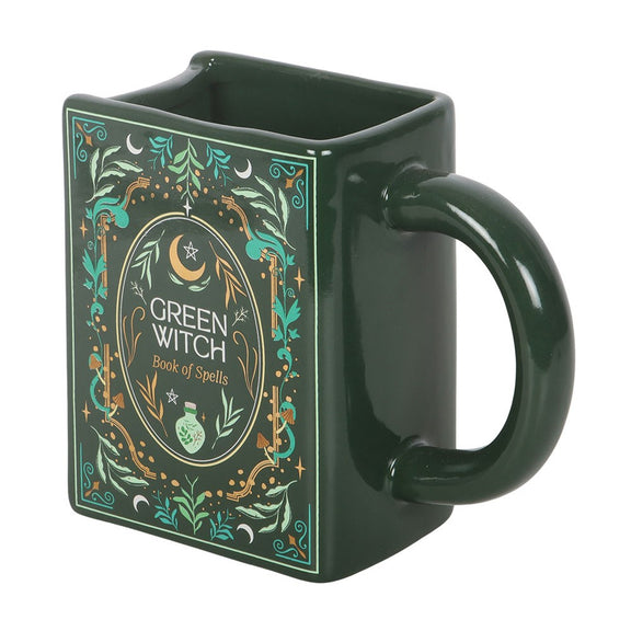 Mug en céramique en forme de livre grimoire Green Witch Book of Spells, vert mystique illustré