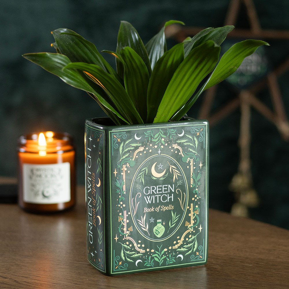 Vase en céramique en forme de livre grimoire Green Witch Book of Spells, vert mystique illustré