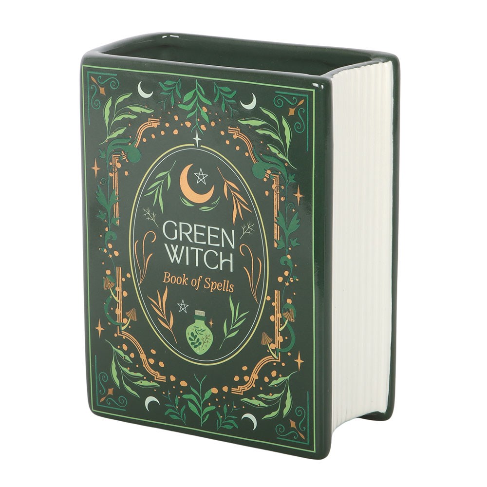 Vase en céramique en forme de livre grimoire Green Witch Book of Spells, vert mystique illustré