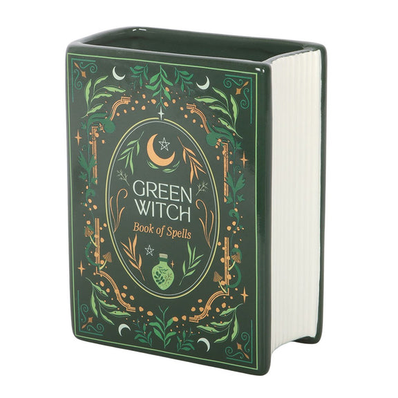 Vase en céramique en forme de livre grimoire Green Witch Book of Spells, vert mystique illustré