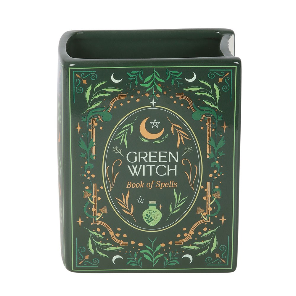 Vase en céramique en forme de livre grimoire Green Witch Book of Spells, vert mystique illustré