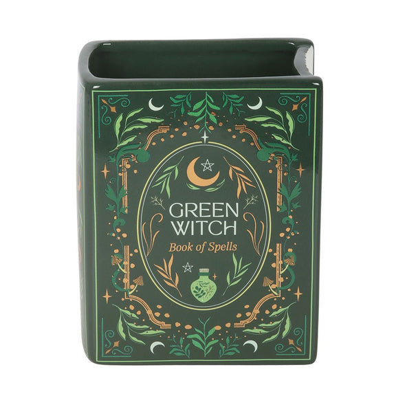 Vase en céramique en forme de livre grimoire Green Witch Book of Spells, vert mystique illustré
