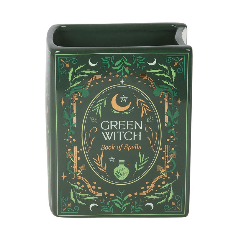 Vase en céramique en forme de livre grimoire Green Witch Book of Spells, vert mystique illustré