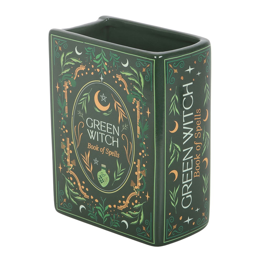 Vase en céramique en forme de livre grimoire Green Witch Book of Spells, vert mystique illustré