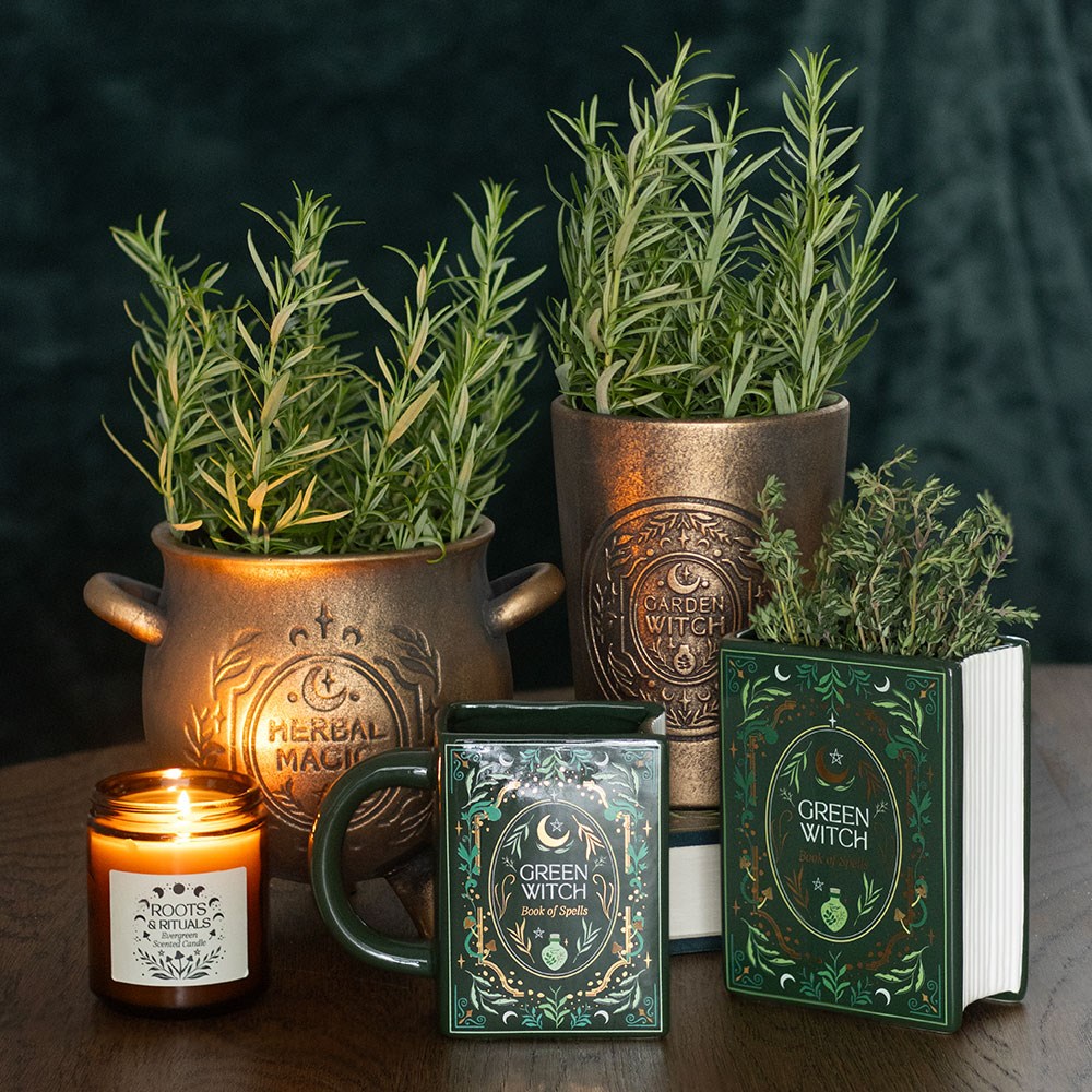 Vase en céramique en forme de livre grimoire Green Witch Book of Spells, vert mystique illustré
