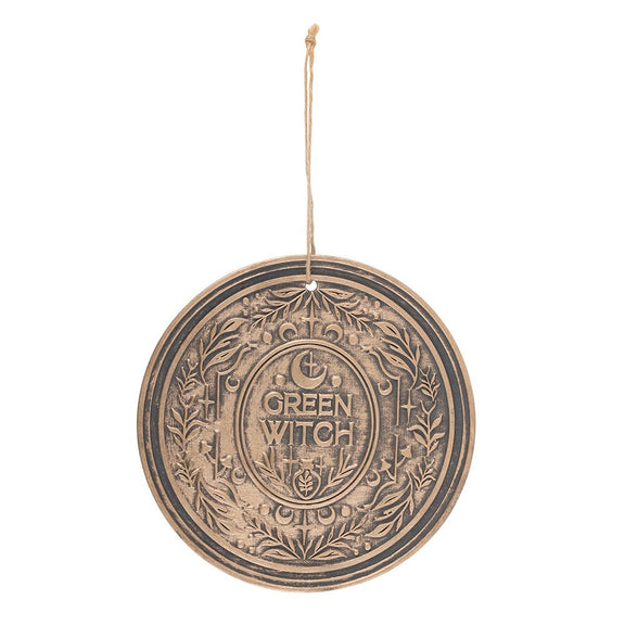 Plaque murale ronde Green Witch en terre cuite patinée 20 cm, motifs végétaux et lunaires