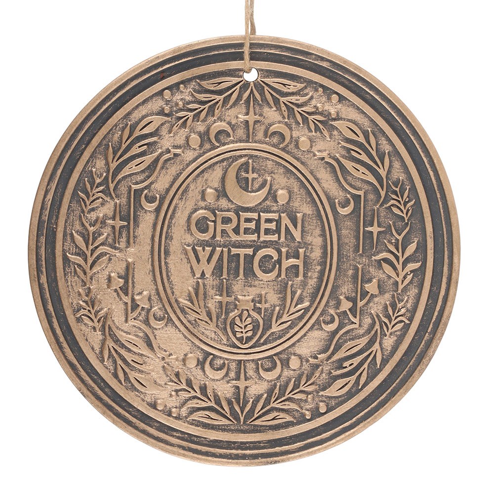 Plaque murale ronde Green Witch en terre cuite patinée 20 cm, motifs végétaux et lunaires