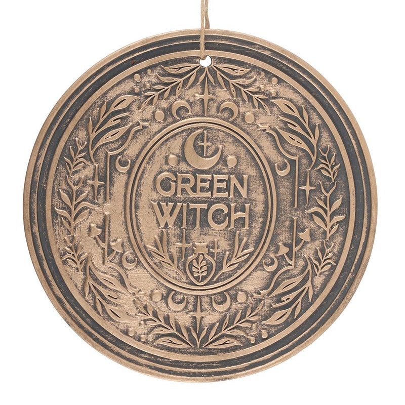 Plaque murale ronde Green Witch en terre cuite patinée 20 cm, motifs végétaux et lunaires