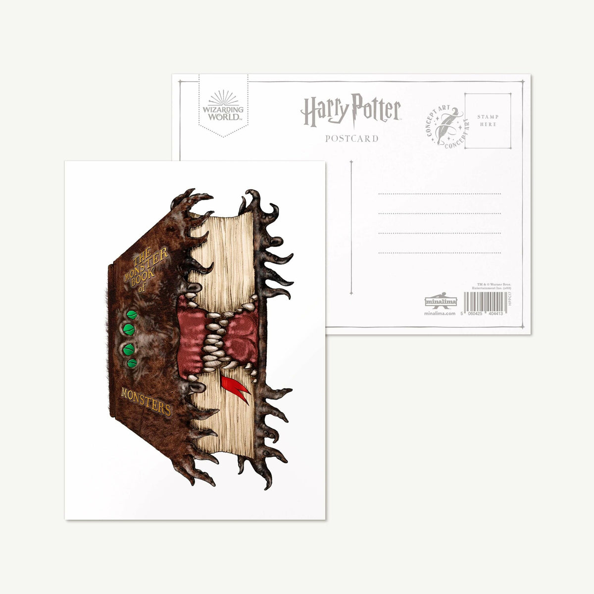Carte postale MinaLima Harry Potter illustrant le Monster Book of Monsters à fourrure et dents