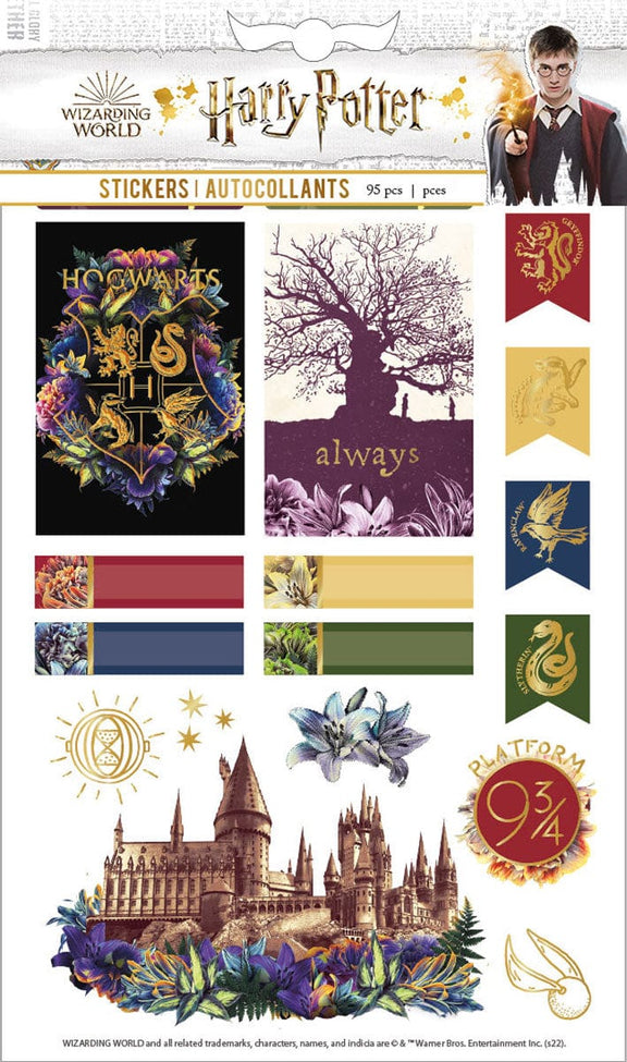 Planche de 95 stickers Harry Potter floral, emblèmes des maisons, château de Poudlard et Always