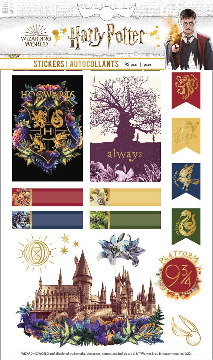 Planche de 95 stickers Harry Potter floral, emblèmes des maisons, château de Poudlard et Always
