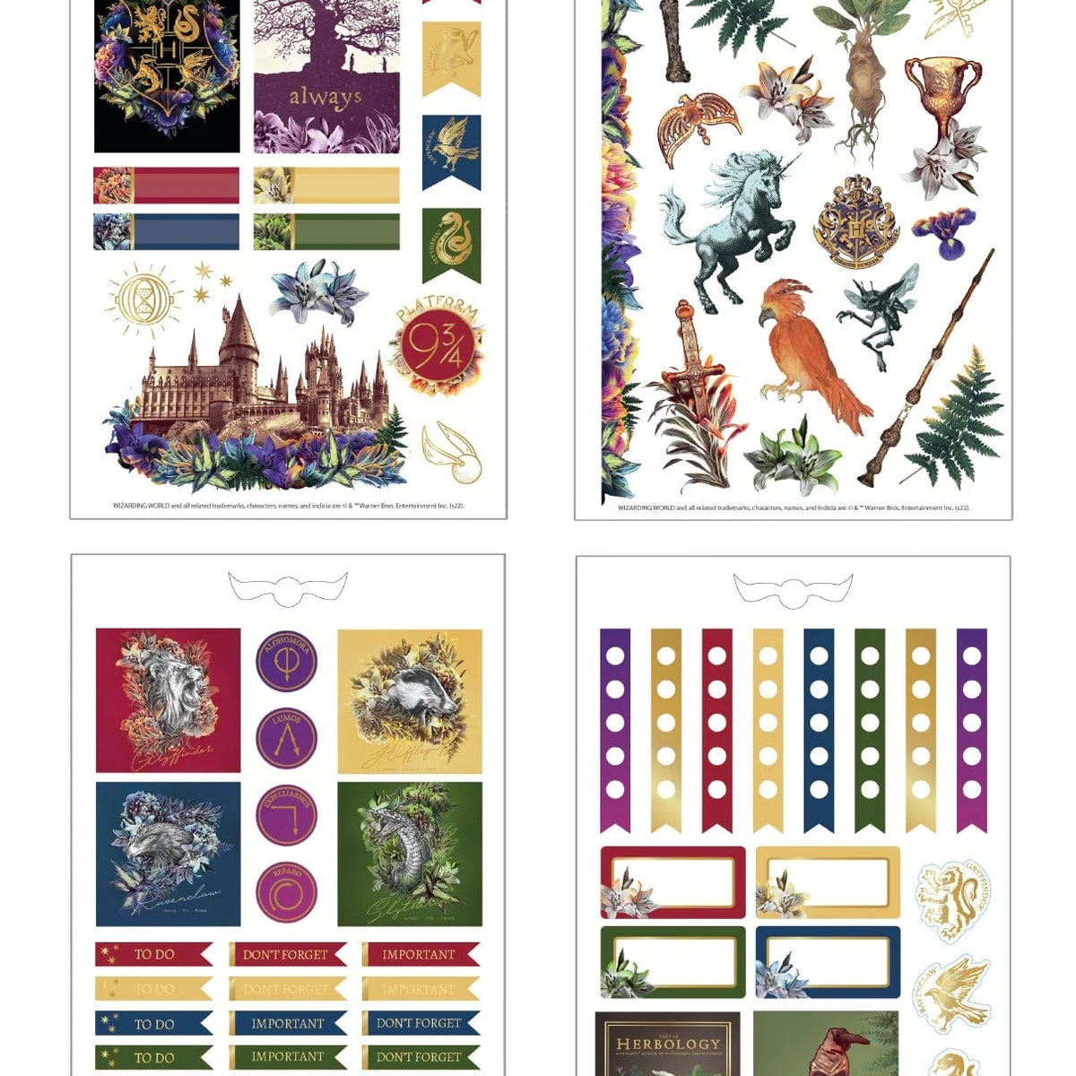 Planche de 95 stickers Harry Potter floral, emblèmes des maisons, château de Poudlard et Always