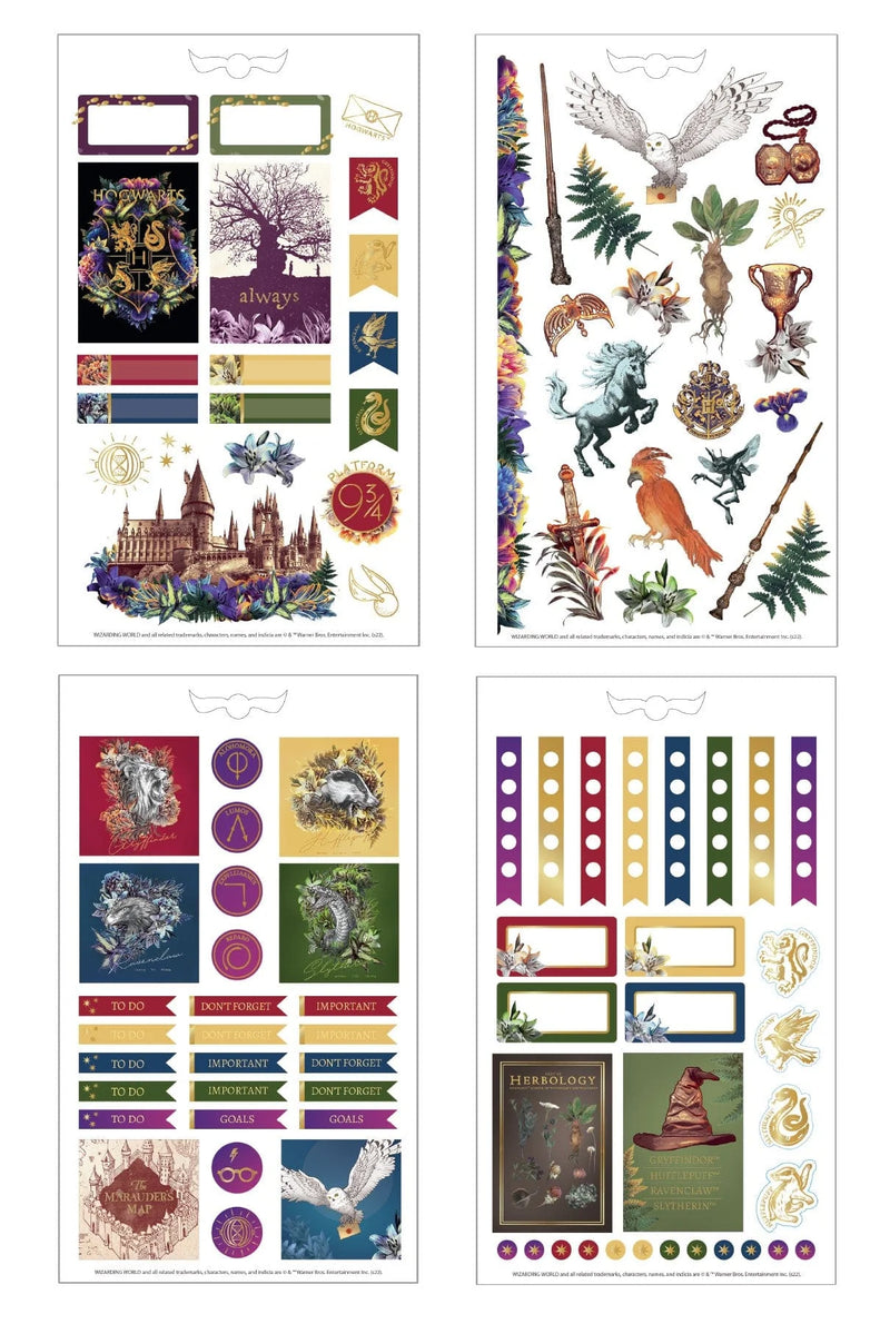 Planche de 95 stickers Harry Potter floral, emblèmes des maisons, château de Poudlard et Always