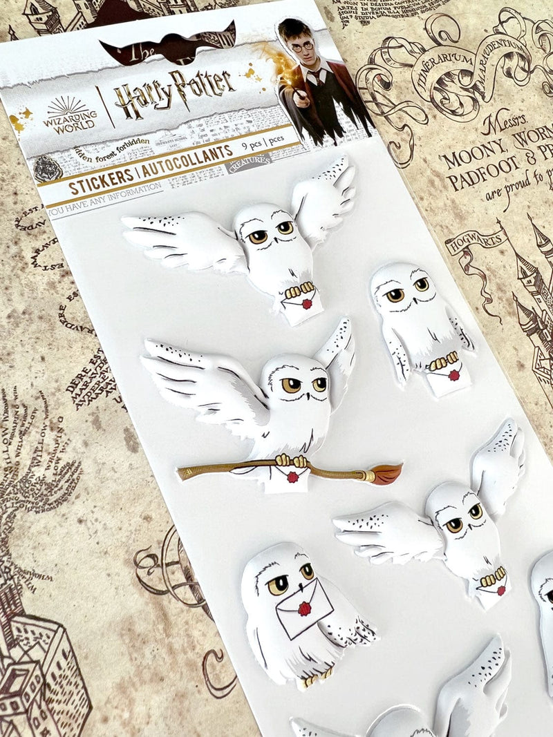 Lot de 9 stickers 3D Harry Potter en relief, Hedwige en vol portant une lettre de Poudlard