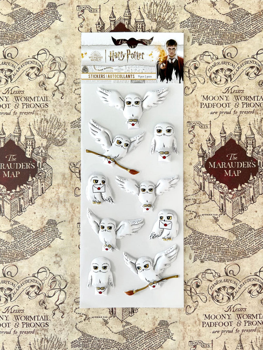 Lot de 9 stickers 3D Harry Potter en relief, Hedwige en vol portant une lettre de Poudlard