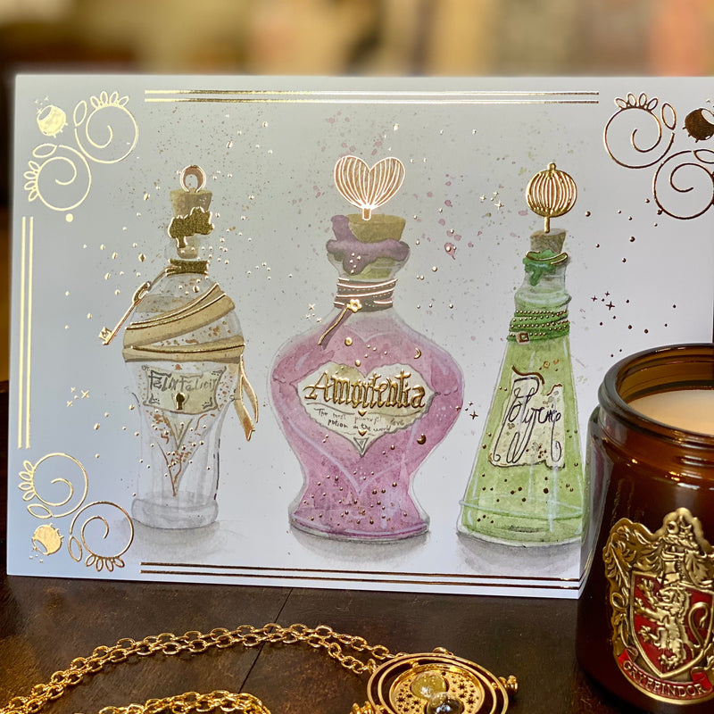 Illustration A5 de trois fioles de potions magiques, univers des sorciers, Gisa Wizard World