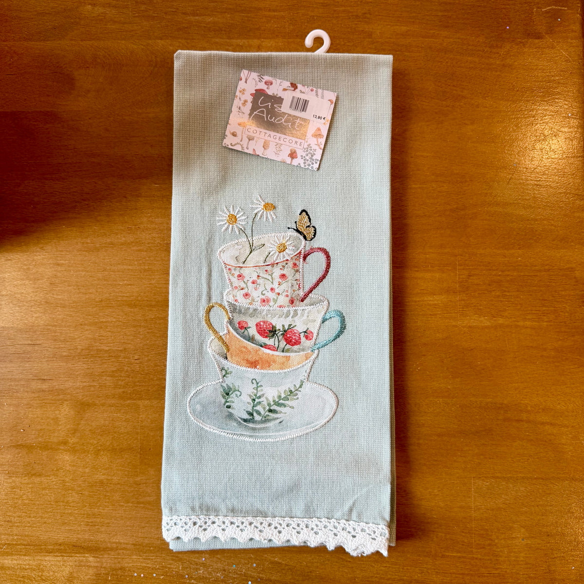 Torchon de cuisine en coton brodé de tasses de thé, style cottagecore anglais