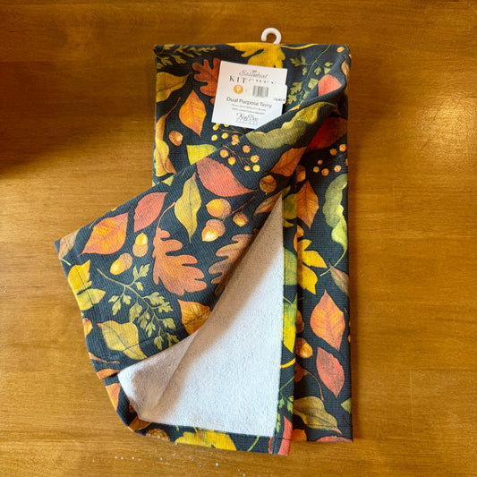 Torchon essuie-éponge en coton à motifs de feuilles et glands aux couleurs d'automne sur fond sombre