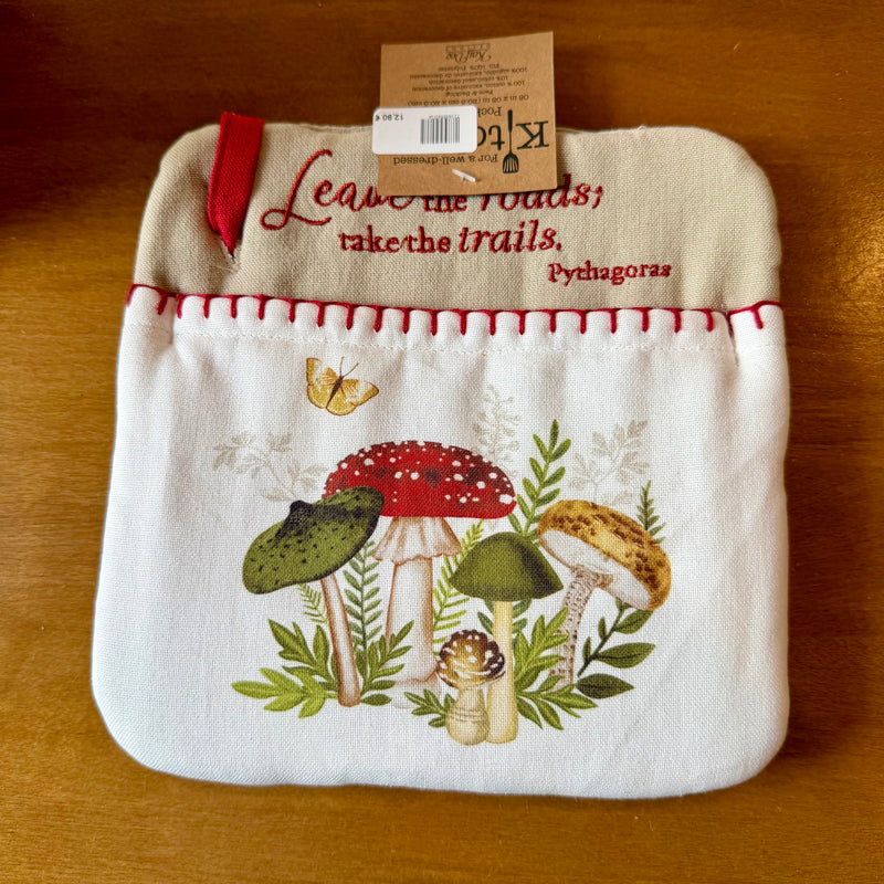 Manique carrée en coton à motifs de champignons et feuillage, citation de Pythagore brodée