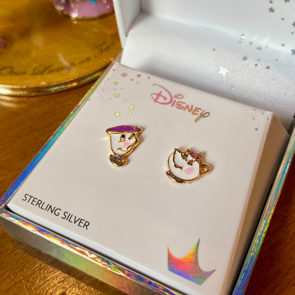 Boucles d'oreilles Disney Zip et Samovar en vermeil, tasse et théière de La Belle et la Bête