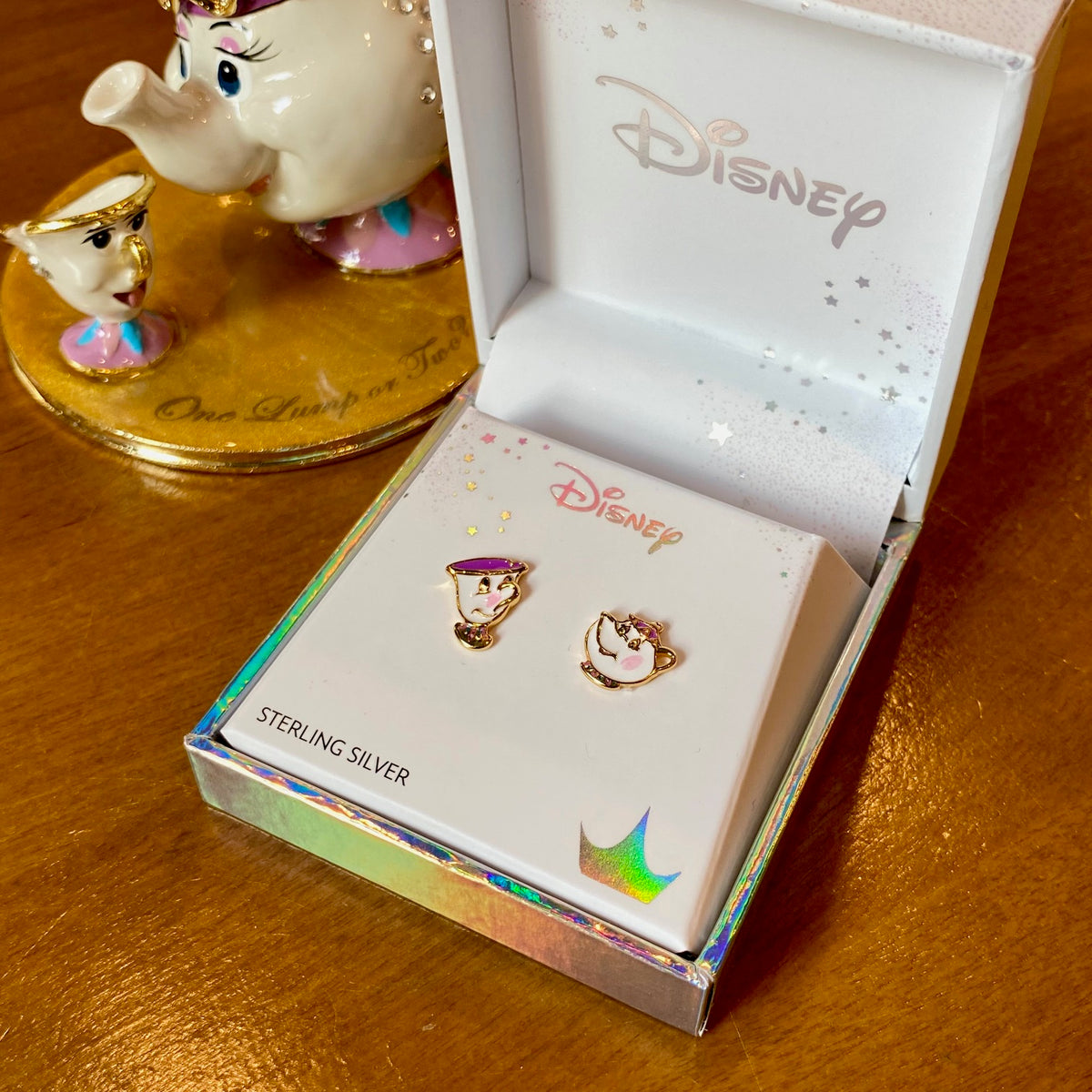 Boucles d'oreilles Disney Zip et Samovar en vermeil, tasse et théière de La Belle et la Bête