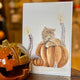 Illustration A5 d'un chat au regard expressif installé parmi des citrouilles d'automne avec un rat