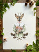 Illustration Georgiou Draws, jeune fille en robe verte au masque de faon tenant un bouquet rose