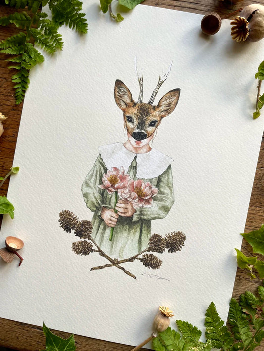 Illustration Georgiou Draws, jeune fille en robe verte au masque de faon tenant un bouquet rose
