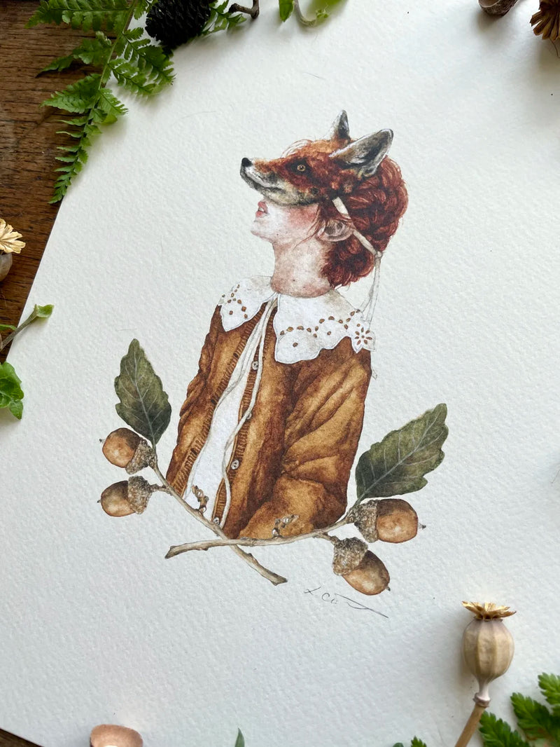 Illustration Georgiou Draws, jeune fille de profil au masque de renard et cardigan rouille