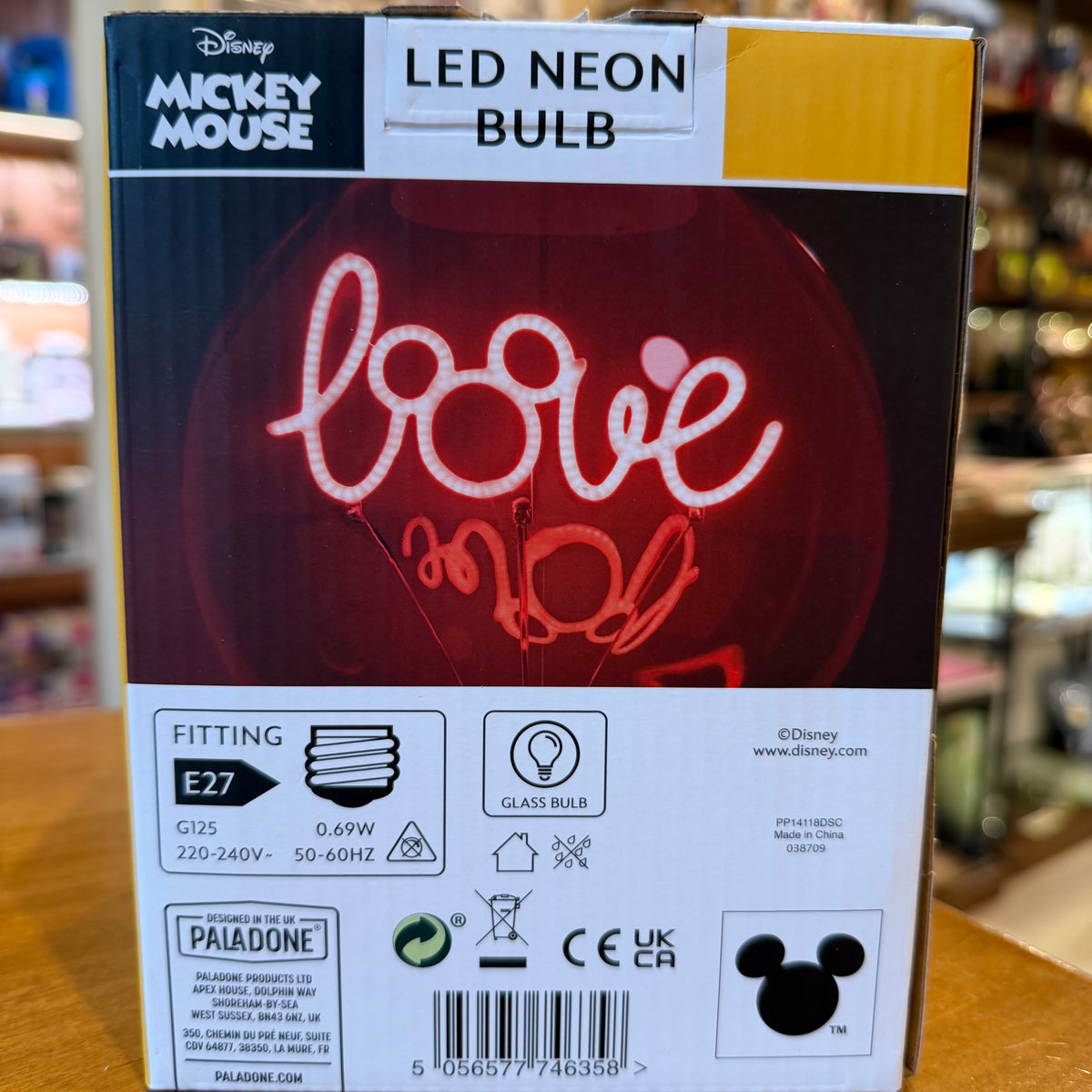 Ampoule LED néon Disney Mickey Love, filament lumineux dans un large globe en verre transparent