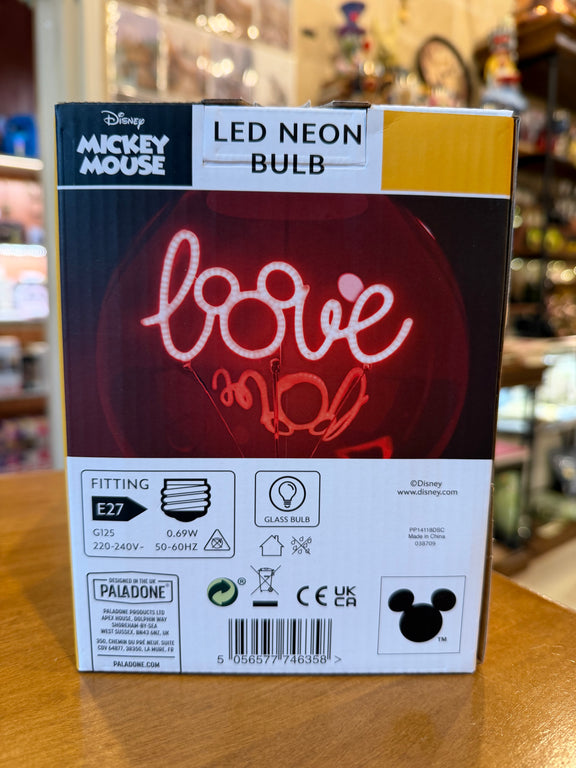 Ampoule LED néon Disney Mickey Love, filament lumineux dans un large globe en verre transparent