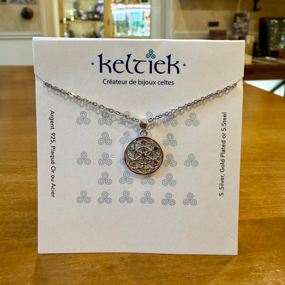 Collier Fleur de Vie 7 chakras en argent 925 rhodié avec pierres colorées