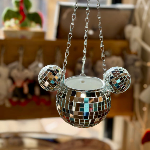 Pot de fleur suspendu Disney Mickey style boule à facettes à finition miroir argentée, deux tailles