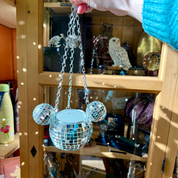 Pot de fleur suspendu Disney Mickey style boule à facettes à finition miroir argentée, deux tailles