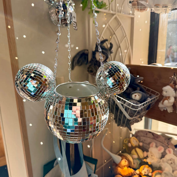 Pot de fleur suspendu Disney Mickey style boule à facettes à finition miroir argentée, deux tailles