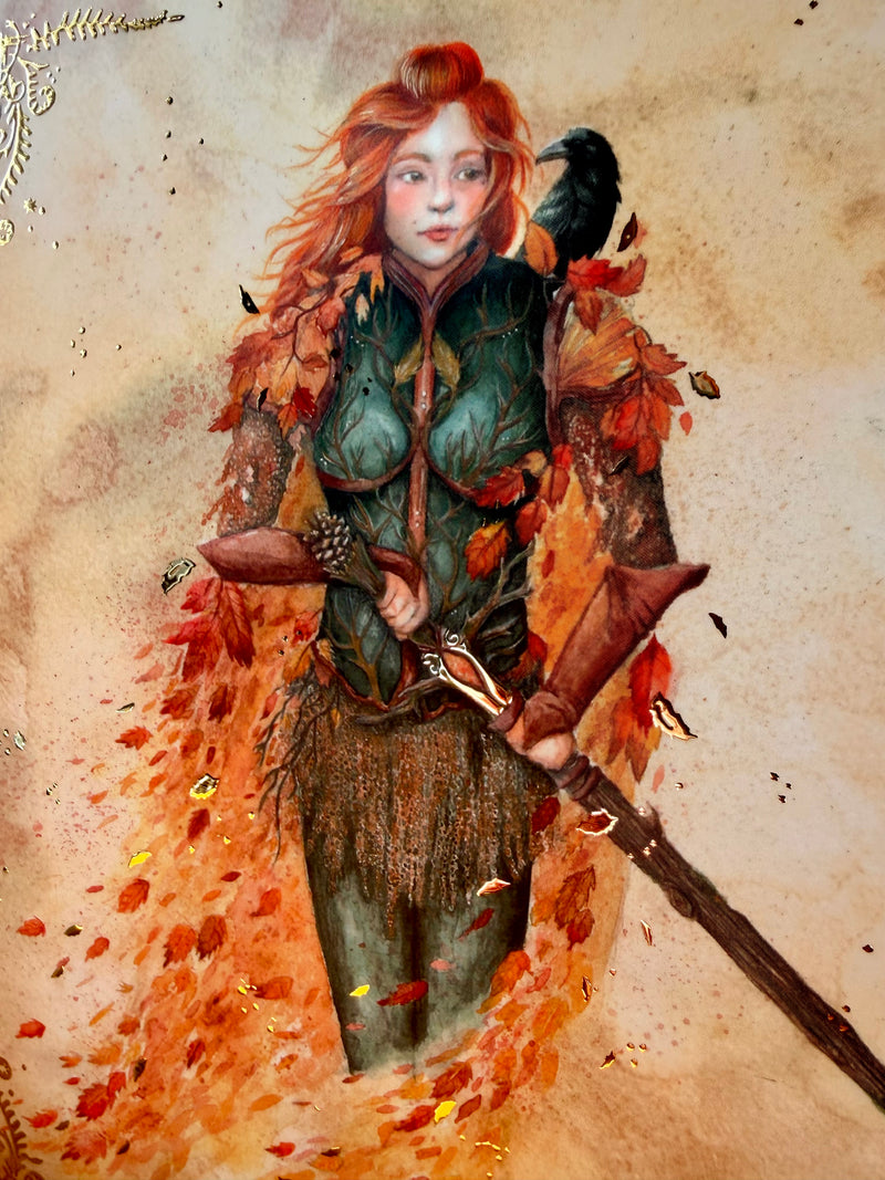Illustration fantasy de la Chevalière du grand Automne en armure de bois, feuillages et pommes de pin