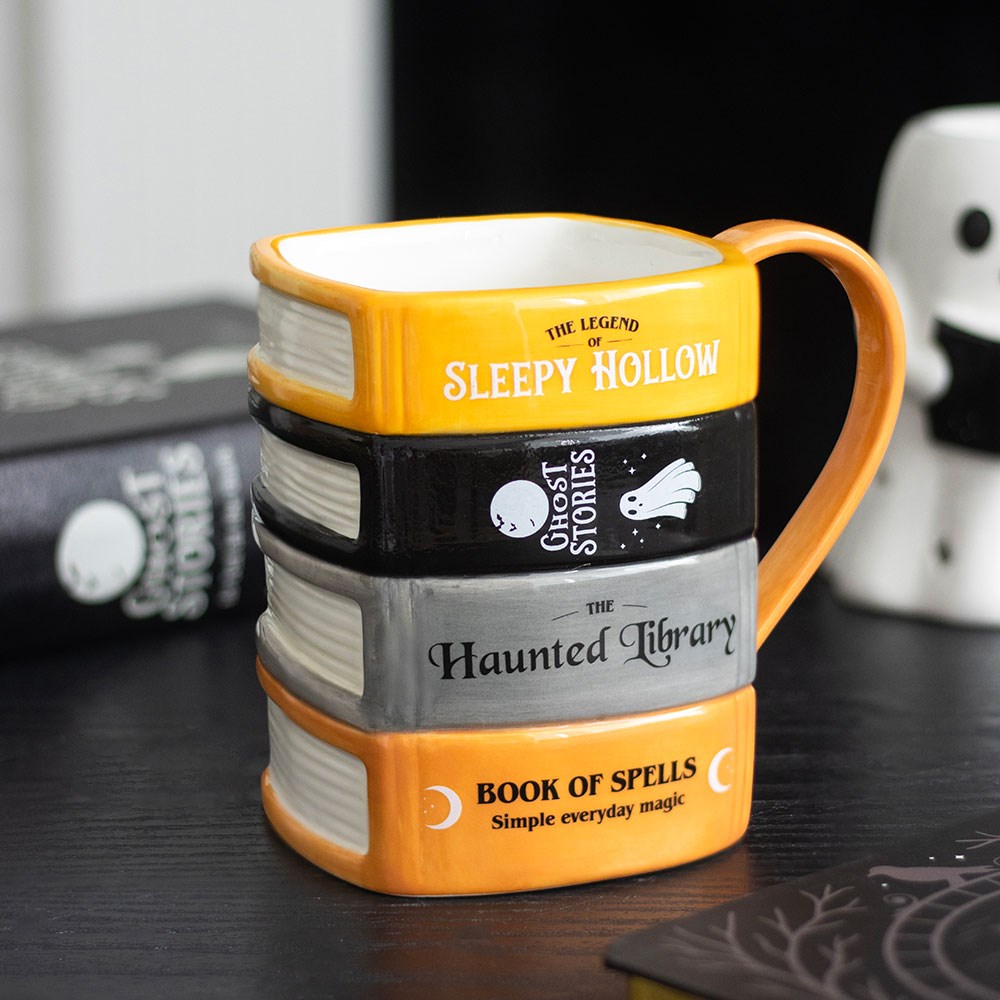 Mug Haunted Library en forme de quatre livres empilés noir, gris et orange, 600 ml, Halloween