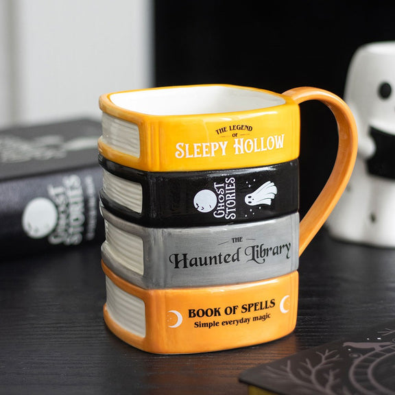 Mug Haunted Library en forme de quatre livres empilés noir, gris et orange, 600 ml, Halloween