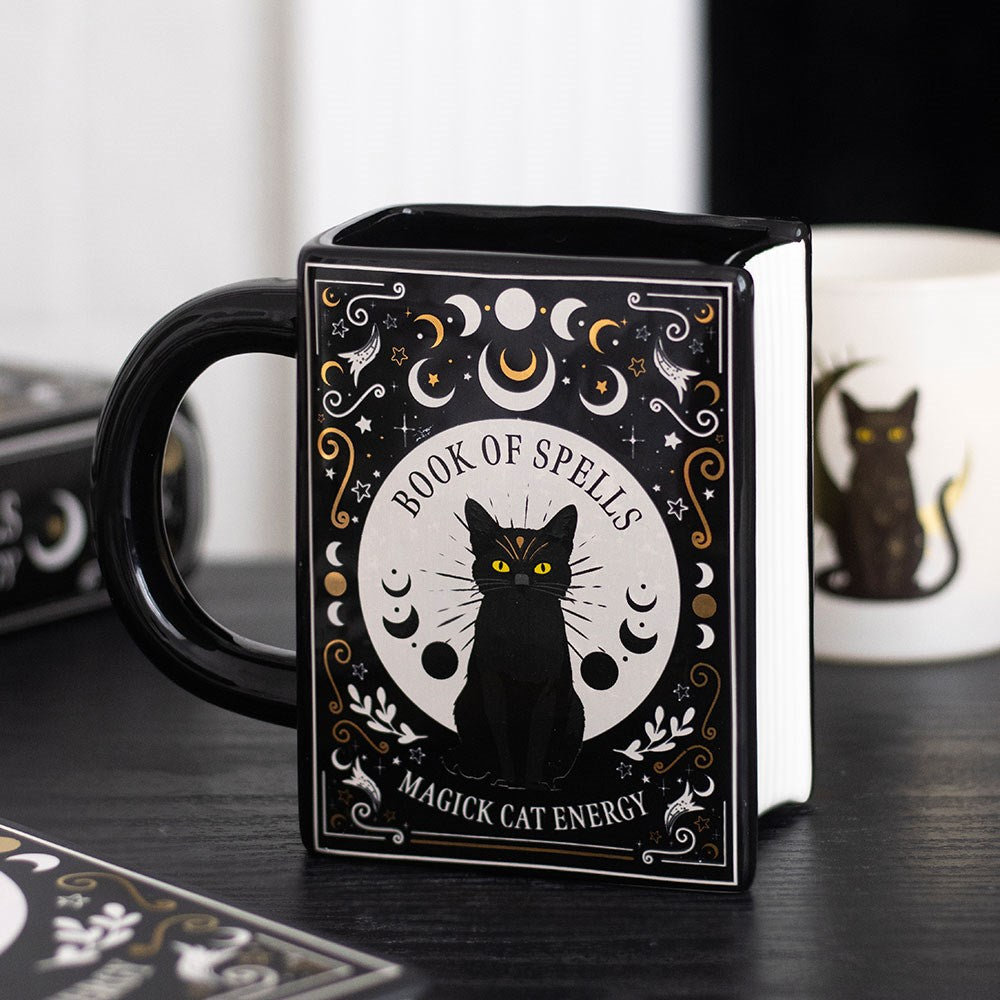 Mug grimoire Book of Spells en forme de livre ancien avec chat noir, lunes et étoiles, 450 ml