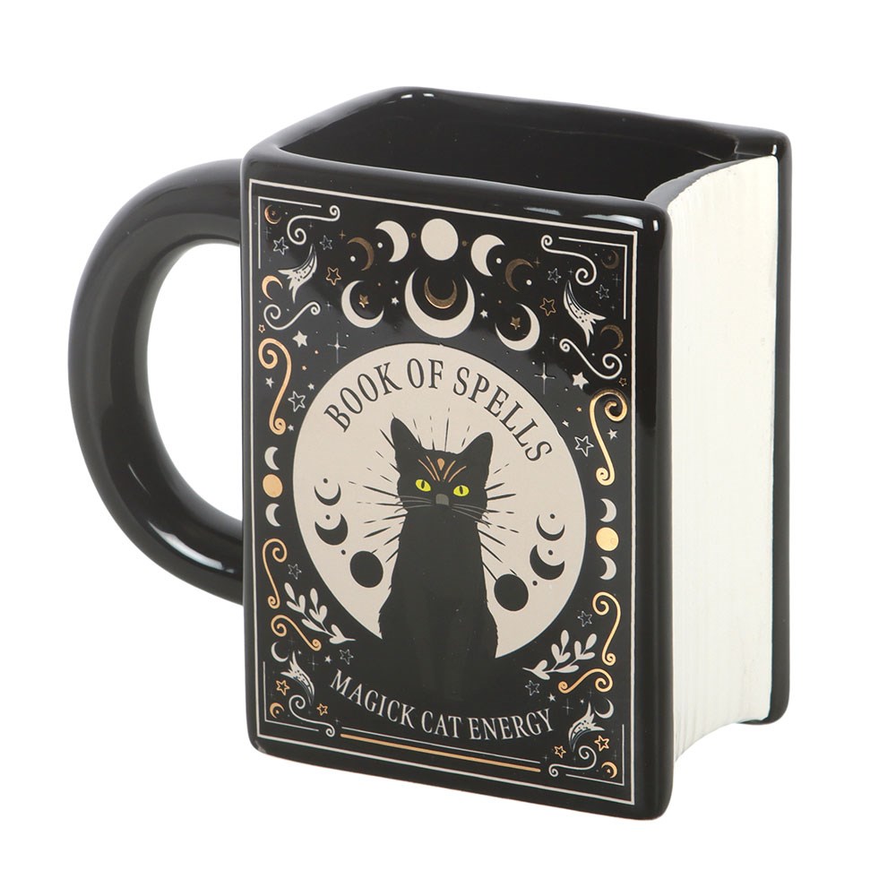 Mug grimoire Book of Spells en forme de livre ancien avec chat noir, lunes et étoiles, 450 ml